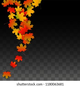October Vector Background with Golden Falling Leaves. Autumn Illustration with Maple Red, Orange, Yellow Foliage. Isolated Leaf on Transparent Background. Bright Swirl. Suitable for Covers.