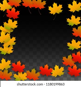 October Vector Background with Golden Falling Leaves. Autumn Illustration with Maple Red, Orange, Yellow Foliage. Isolated Leaf on Transparent Background. Bright Swirl. Suitable for Cards.
