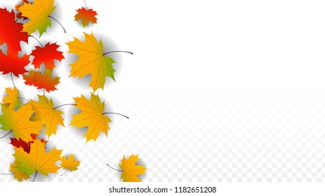 October Vector Background with Golden Falling Leaves. Autumn Illustration with Maple Red, Orange, Yellow Foliage. Isolated Leaf on Transparent Background. Bright Swirl. Suitable for Banners.