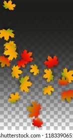 October Vector Background with Golden Falling Leaves. Autumn Illustration with Maple Red, Orange, Yellow Foliage. Isolated Leaf on Transparent Background. Bright Swirl. Suitable for Covers.