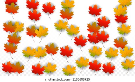 October Vector Background with Golden Falling Leaves. Autumn Illustration with Maple Red, Orange, Yellow Foliage. Isolated Leaf on Transparent Background. Bright Swirl. Suitable for Covers.