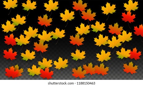 October Vector Background with Golden Falling Leaves. Autumn Illustration with Maple Red, Orange, Yellow Foliage. Isolated Leaf on Transparent Background. Bright Swirl. Suitable for Posters.