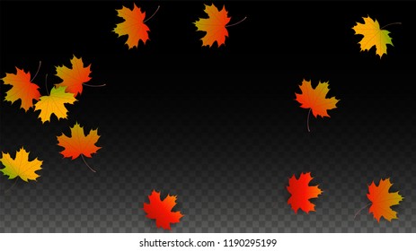 October Vector Background with Golden Falling Leaves. Autumn Illustration with Maple Red, Orange, Yellow Foliage. Isolated Leaf on Transparent Background. Bright Swirl. Suitable for Cards.