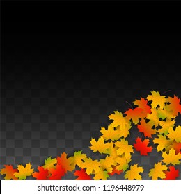 October Vector Background with Golden Falling Leaves. Autumn Illustration with Maple Red, Orange, Yellow Foliage. Isolated Leaf on Transparent Background. Bright Swirl. Suitable for Posters.