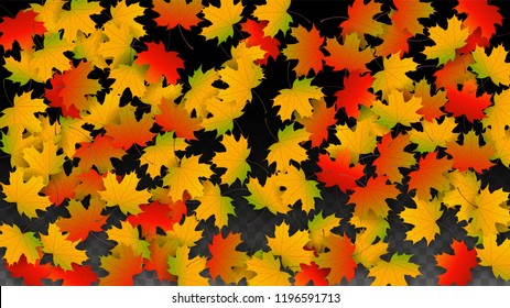 October Vector Background with Golden Falling Leaves. Autumn Illustration with Maple Red, Orange, Yellow Foliage. Isolated Leaf on Transparent Background. Bright Swirl. Suitable for Posters.