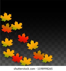 October Vector Background with Golden Falling Leaves. Autumn Illustration with Maple Red, Orange, Yellow Foliage. Isolated Leaf on Transparent Background. Bright Swirl. Suitable for Covers.
