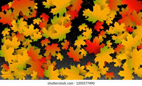 October Vector Background with Golden Falling Leaves. Autumn Illustration with Maple Red, Orange, Yellow Foliage. Isolated Leaf on Transparent Background. Bright Swirl. Suitable for Posters.