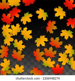 October Vector Background with Golden Falling Leaves. Autumn Illustration with Maple Red, Orange, Yellow Foliage. Isolated Leaf on Transparent Background. Bright Swirl. Suitable for Posters.