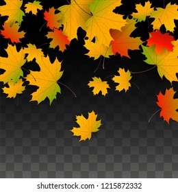 October Vector Background with Golden Falling Leaves. Autumn Illustration with Maple Red, Orange, Yellow Foliage. Isolated Leaf on Transparent Background. Bright Swirl. Suitable for Flyers.