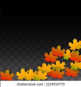 October Vector Background with Golden Falling Leaves. Autumn Illustration with Maple Red, Orange, Yellow Foliage. Isolated Leaf on Transparent Background. Bright Swirl. Suitable for Banners.