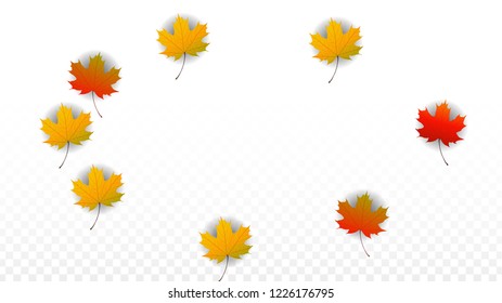 October Vector Background with Golden Falling Leaves. Autumn Illustration with Maple Red, Orange, Yellow Foliage. Isolated Leaf on Transparent Background. Bright Swirl. Suitable for Flyers.