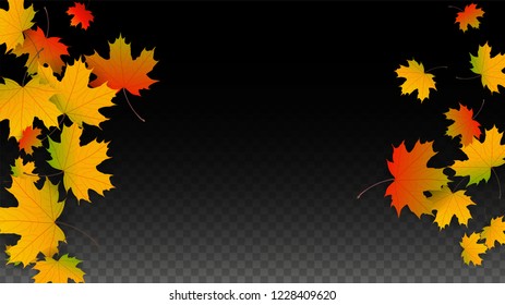 October Vector Background with Golden Falling Leaves. Autumn Illustration with Maple Red, Orange, Yellow Foliage. Isolated Leaf on Transparent Background. Bright Swirl. Suitable for Flyers.