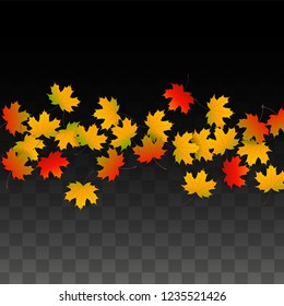 October Vector Background with Golden Falling Leaves. Autumn Illustration with Maple Red, Orange, Yellow Foliage. Isolated Leaf on Transparent Background. Bright Swirl. Suitable for Covers.