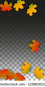 October Vector Background with Golden Falling Leaves. Autumn Illustration with Maple Red, Orange, Yellow Foliage. Isolated Leaf on Transparent Background. Bright Swirl. Suitable for Cards.