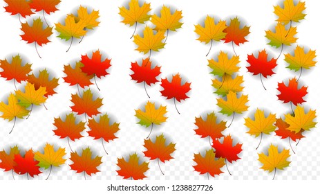 October Vector Background with Golden Falling Leaves. Autumn Illustration with Maple Red, Orange, Yellow Foliage. Isolated Leaf on Transparent Background. Bright Swirl. Suitable for Posters.