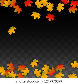 October Vector Background with Golden Falling Leaves. Autumn Illustration with Maple Red, Orange, Yellow Foliage. Isolated Leaf on Transparent Background. Bright Swirl. Suitable for Banners.