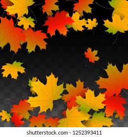 October Vector Background with Golden Falling Leaves. Autumn Illustration with Maple Red, Orange, Yellow Foliage. Isolated Leaf on Transparent Background. Bright Swirl. Suitable for Cards.