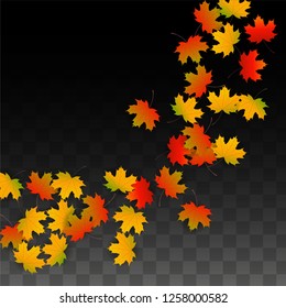 October Vector Background with Golden Falling Leaves. Autumn Illustration with Maple Red, Orange, Yellow Foliage. Isolated Leaf on Transparent Background. Bright Swirl. Suitable for Covers.