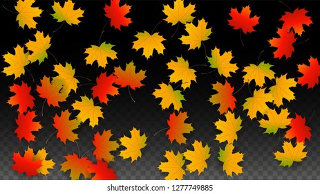 October Vector Background with Golden Falling Leaves. Autumn Illustration with Maple Red, Orange, Yellow Foliage. Isolated Leaf on Transparent Background. Bright Swirl. Suitable for Flyers.