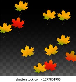 October Vector Background with Golden Falling Leaves. Autumn Illustration with Maple Red, Orange, Yellow Foliage. Isolated Leaf on Transparent Background. Bright Swirl. Suitable for Banners.