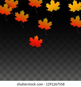 October Vector Background with Golden Falling Leaves. Autumn Illustration with Maple Red, Orange, Yellow Foliage. Isolated Leaf on Transparent Background. Bright Swirl. Suitable for Covers.