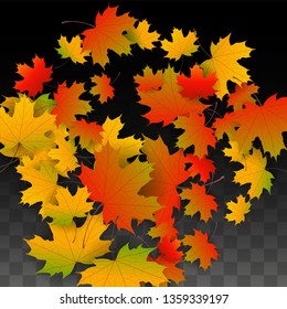 October Vector Background with Golden Falling Leaves. Autumn Illustration with Maple Red, Orange, Yellow Foliage. Isolated Leaf on Transparent Background. Bright Swirl. Suitable for Covers.