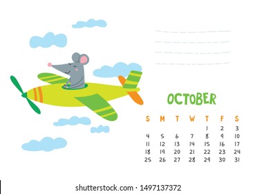 october. Vector calendar page with cute rat in travel - Chinese symbol of 2020 year. Editable template A5, A4, A3 size, can be printed and used as a desk, table, wall calender for schedule and plans