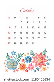 October. Vector calendar template for 2019 year with beautiful composition of embroidery flowers. Week start on sunday. 
