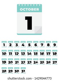 October. Vector flat daily calendar set. Icon. day, month, year.