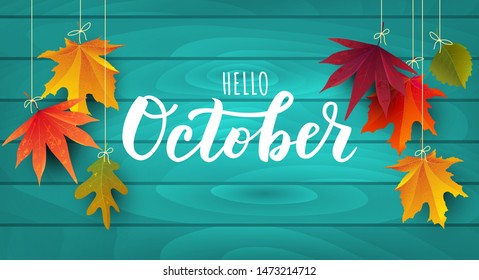 October word. Hand lettering typography with autumn leaves. Vector illustration as poster, postcard, greeting card, invitation template. Concept October advertising