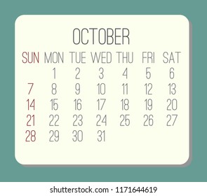 October year 2018 plain contemporary vector calendar. Week starting from Sunday. Beige rounded rectangle over teal green background.
