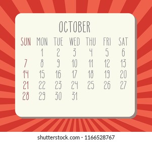 October year 2018 vector calendar. Hand drawn numbers, white planks over red rays background. Week starting from Sunday.