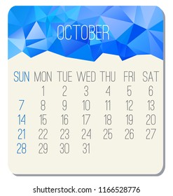 October year 2018 vector calendar. Week starting from Sunday. Contemporary low poly design in blue color.