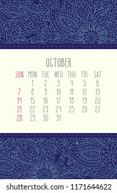 October year 2018 vector calendar over blue lacy floral doodle hand drawn background, week starting from Sunday.