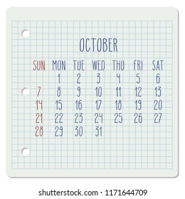 October year 2018 vector calendar on a squared notebook page. Week starting from Sunday. Hand written typography.