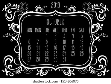 October year 2019 plain contemporary vector monthly calendar. Week starting from Sunday. Ornate elegant frame design in white over black background.