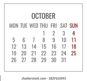 October year 2020 vector monthly plain minimalistic white calendar. Week starting from Monday.