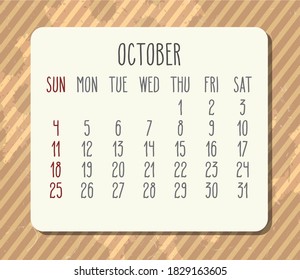 October year 2020 vector monthly calendar. Week starting from Sunday. Vintage brown stripes distressed design.