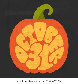 October31. Vector illustration yellow contour letters - hand drawn circle Halloween lettering on orange pumpkin silhouette isolated on black background with chalkboard texture for your holiday design.