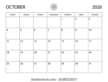 Octoberber 2026 year planner template, calendar 2026 template, monthly and yearly planners. organizer diary. week start Sunday, corporate planner template, Desk calendar 2026 year, Vector illustration