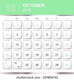 October.Calendar for 2016 Year. Vector Silver Design Print Template