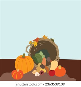October-Fall Harvest Basket with Pumpkins and Vegetables. Farmers Market - Harvest Festival Invitation Cards. Autumn Background. 