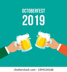 Octoberfest 2019 banner. Cheers mugs of beer. Autumn holidays. Isolated vector Illustration. Design for web page, invitations, flyers.