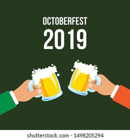 Octoberfest 2019 banner. Cheers mugs of beer. Autumn holidays. Isolated vector Illustration. Design for web page, invitations, flyers.