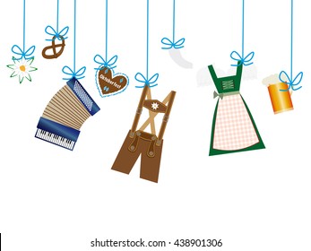 octoberfest background, lederhosen, dirndl, edelweiss, accordion, beer and gingerbread heart icons hanging on blue leash