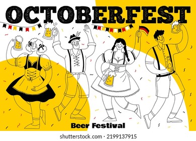 Octoberfest Banner. Beer Festival. Different People In National German Costumes Drink Beer And Have Fun. Vector Hand Drawn Illustration.