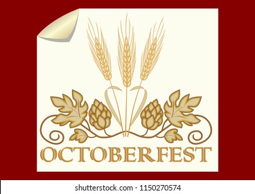 Octoberfest banner, golden hops and barley on old yellow paper, dark red background. Elegant beer symbol. Vector illustration