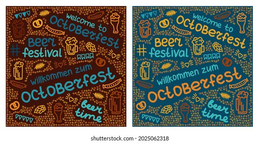 Cartel del festival de octubre con letras, frankfurter, alcohol, lúpulo, malta, pretzels. Fondo del festival de la cerveza o cubierta para tarjeta de saludo y afiche, diseño de bar. Conjunto de vectores.