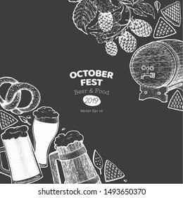 Octoberfest banner. Vector hand drawn illustrations on chalk board. Greeting Beer festival design template in retro style. Autumn background.