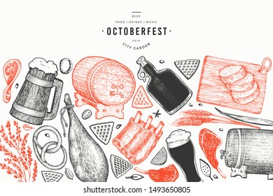 Octoberfest banner. Vector hand drawn illustrations. Greeting Beer festival design template in vintage style. Autumn background.